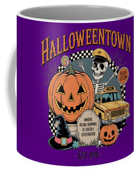 Halloween Town taxi stop mug, purple with skull, pumpkin, taxi graphic and “HalloweenTown”