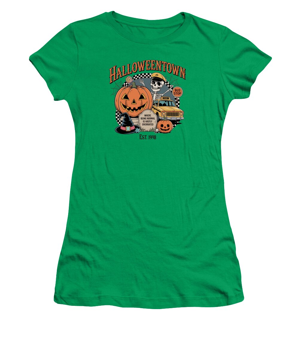 Women’s green t-shirt with Halloween Town graphic and pumpkin taxi stop logo