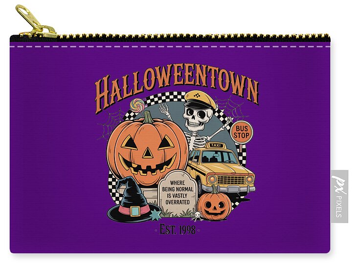 Purple HalloweenTown zip pouch with gold zipper and illustrated bus stop graphic