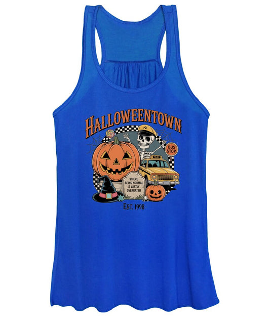 Women's tank top in royal blue with Halloween graphic print and scoop neck
