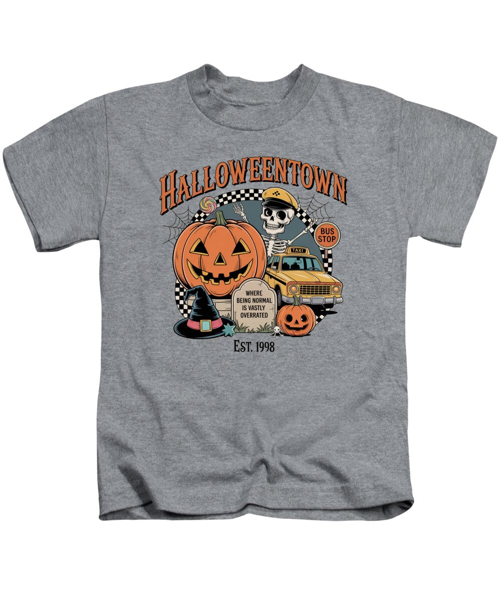 Kids Halloween graphic T-shirt in heather gray with crew neck and pumpkin taxi stop front print