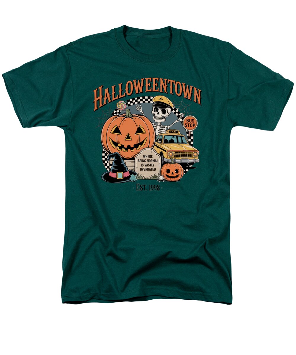 Men's dark green graphic T-shirt with Halloween town text, pumpkin, and bus stop print