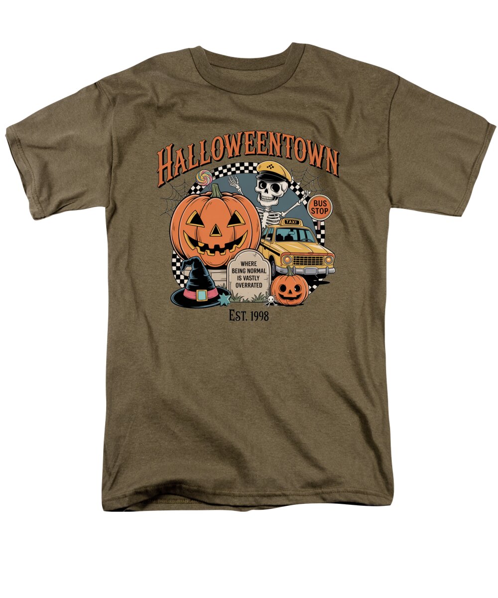 Men's olive brown graphic T-shirt with Halloween town text, pumpkin, and bus stop print
