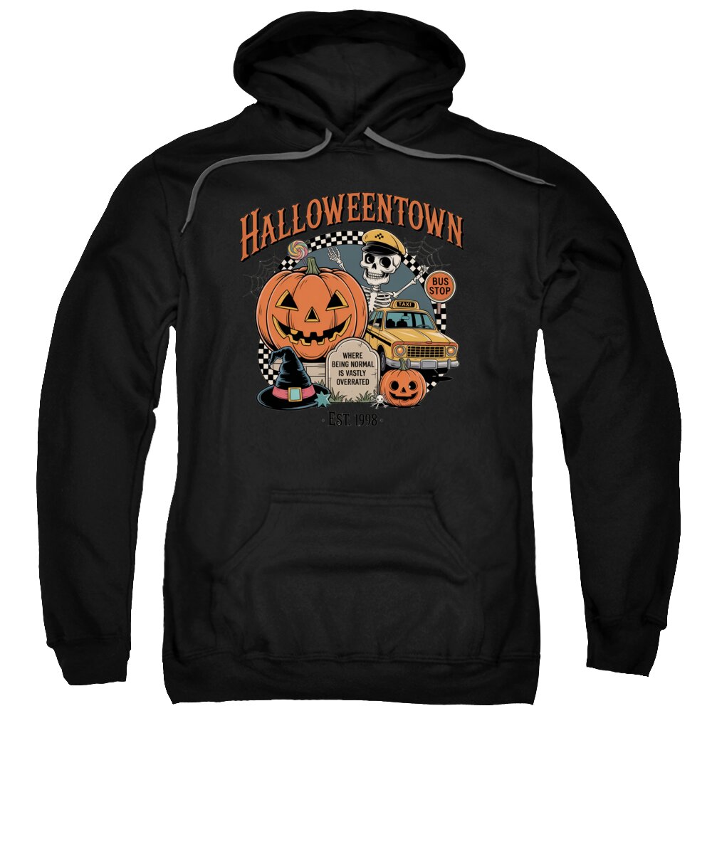 Black hoodie sweatshirt with Halloween Town graphic on front