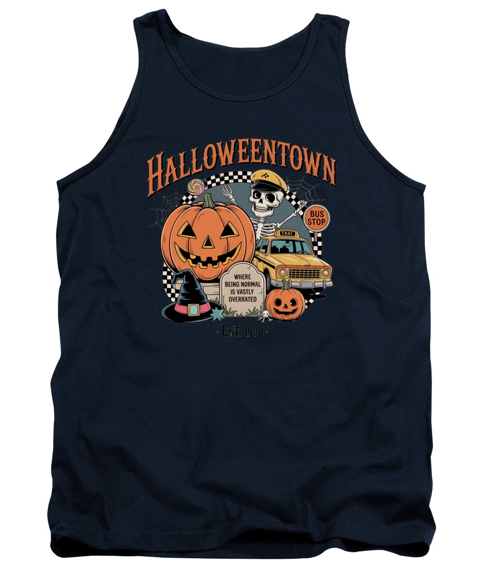 Navy tank top with crew neck; HalloweenTown graphic with bus, skull and pumpkins