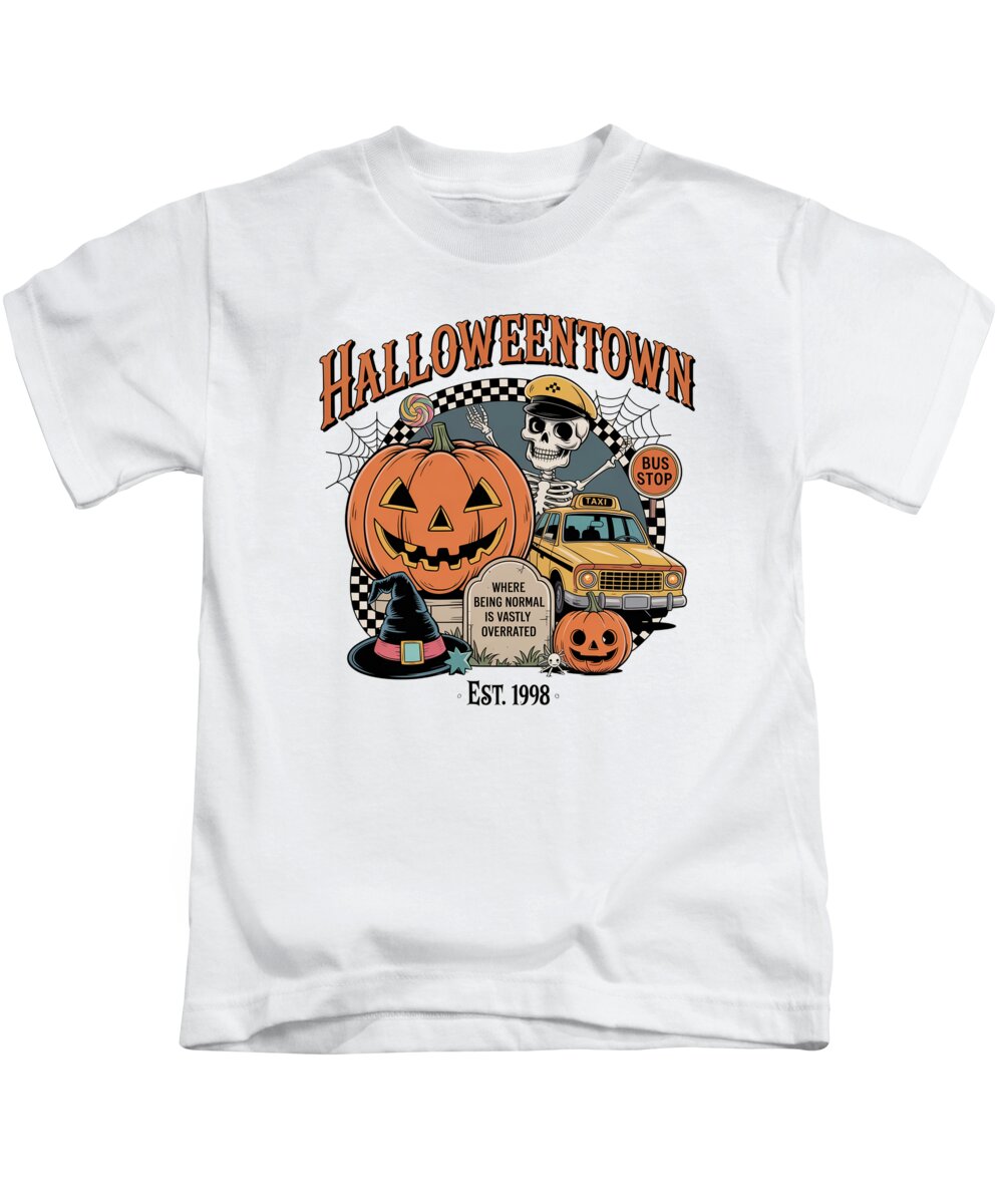 Kids graphic T-shirt, white, Halloween Town pumpkin and taxi stop print
