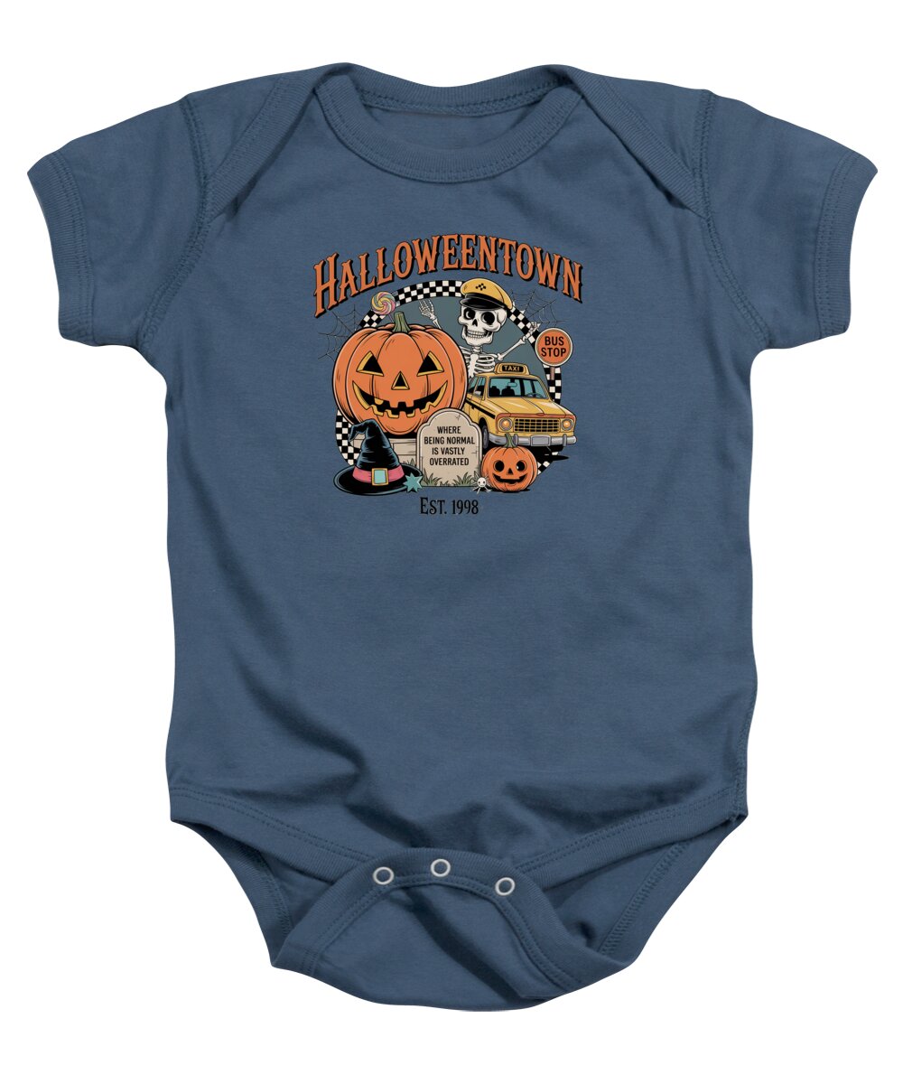 Baby short-sleeve onesie in slate blue with Halloween town graphic and snap button legs
