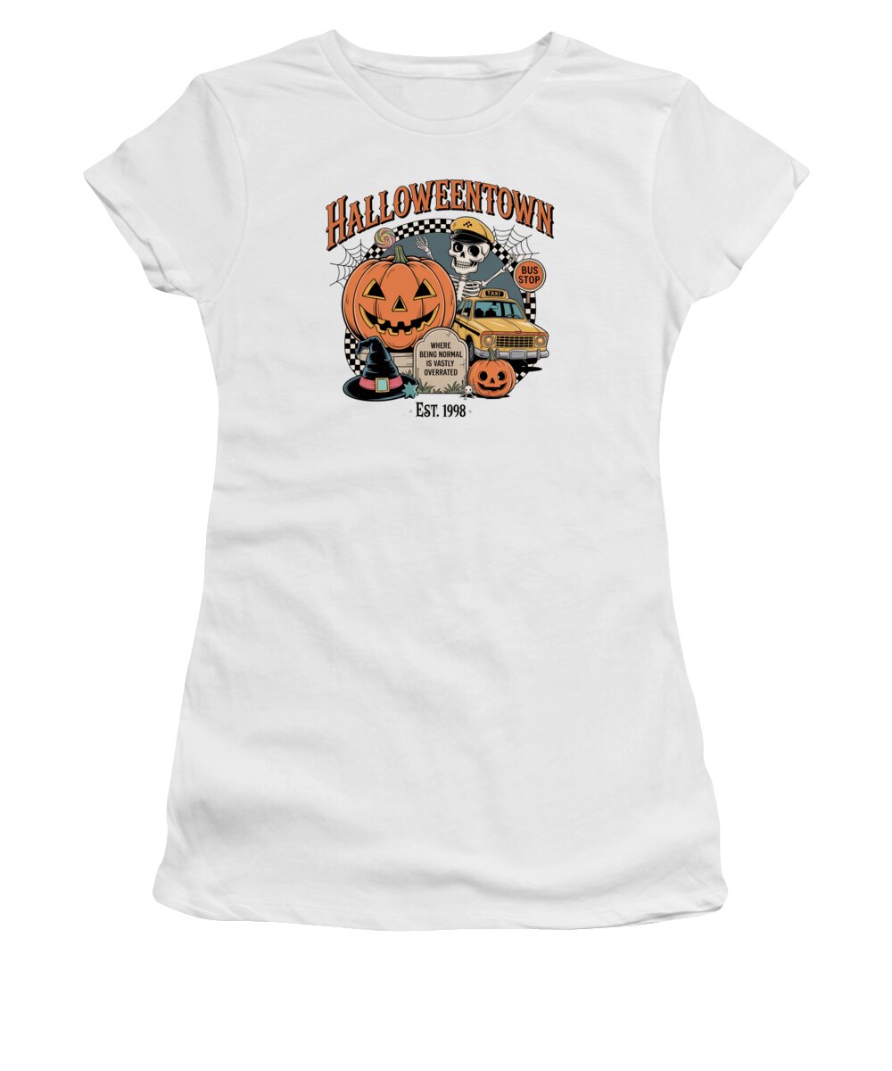 Women’s white t-shirt with Halloween Town graphic and pumpkin taxi stop logo