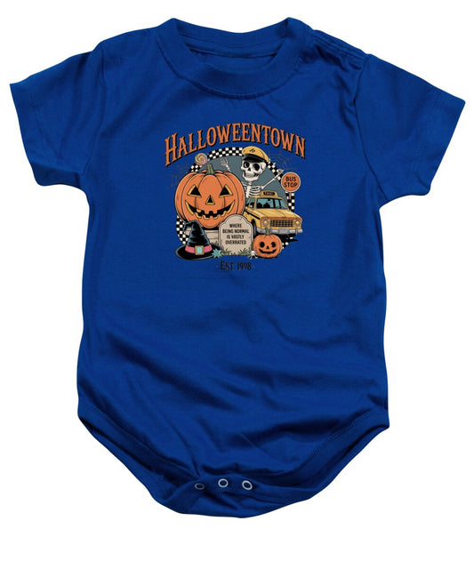 Baby short-sleeve onesie in royal blue with Halloween town graphic and snap button legs