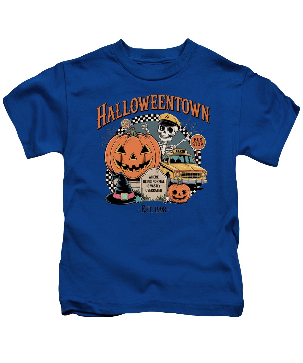 Kids graphic T-shirt, blue, Halloween Town pumpkin and taxi stop print