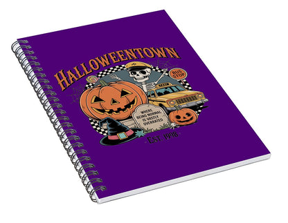 Spiral notebook with purple cover, Halloween bus scene, jack-o-lanterns and skull