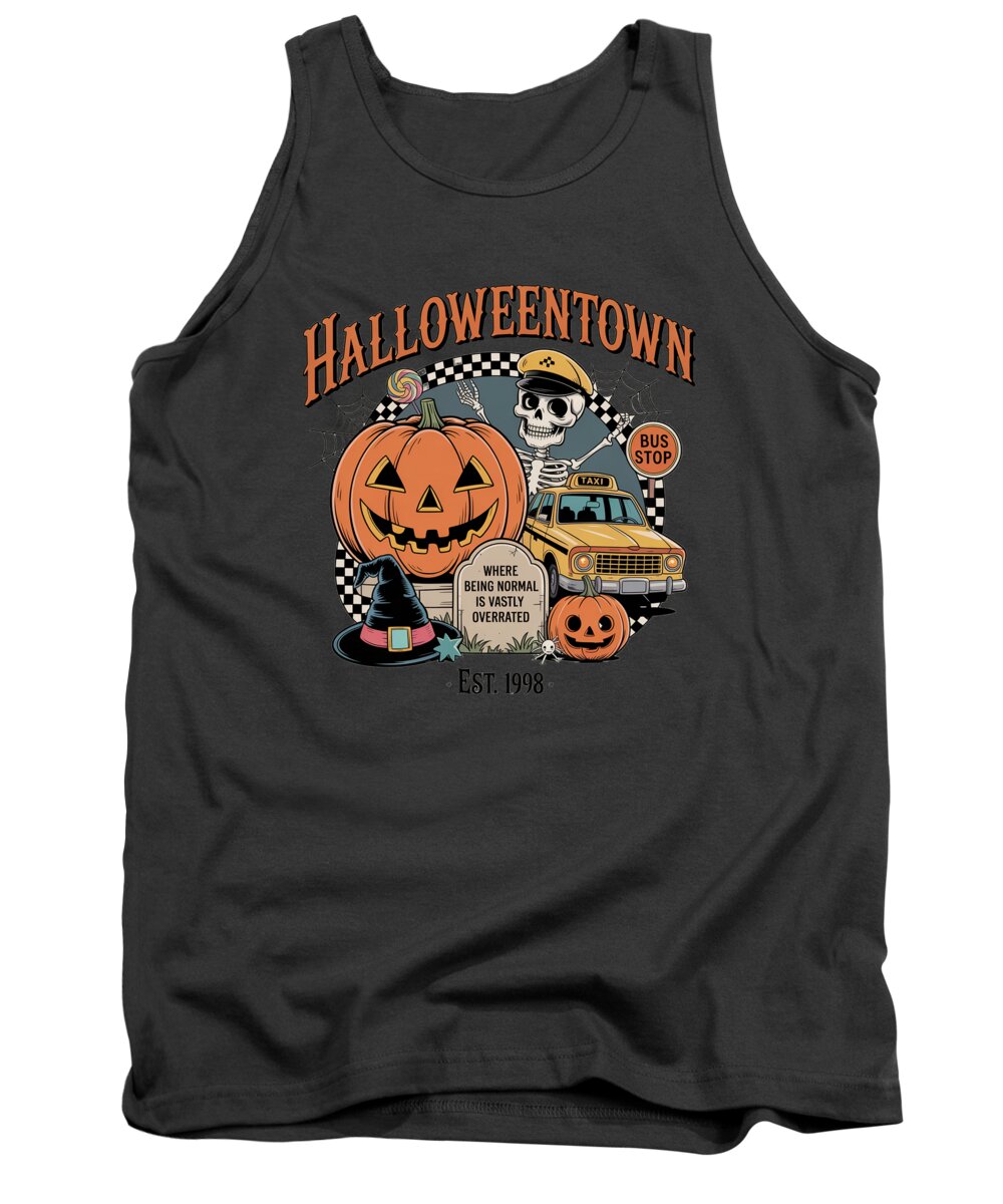 Charcoal tank top with crew neck; HalloweenTown graphic with bus, skull and pumpkins