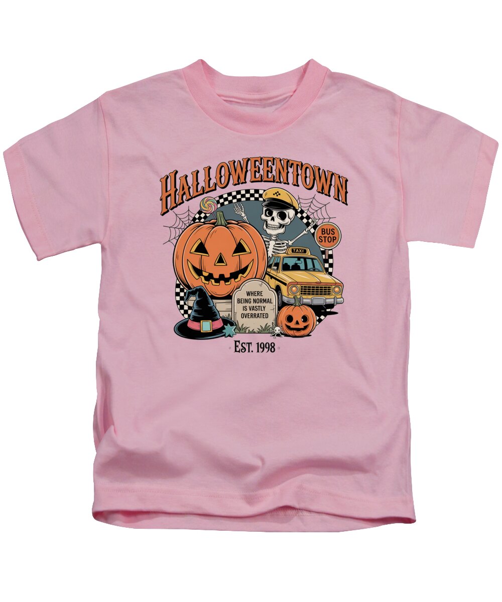 Kids Halloween graphic T-shirt in pink with crew neck and pumpkin taxi stop front print