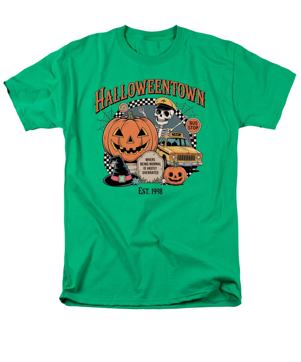 Men's green graphic T-shirt with Halloween town text, pumpkin, and bus stop scene