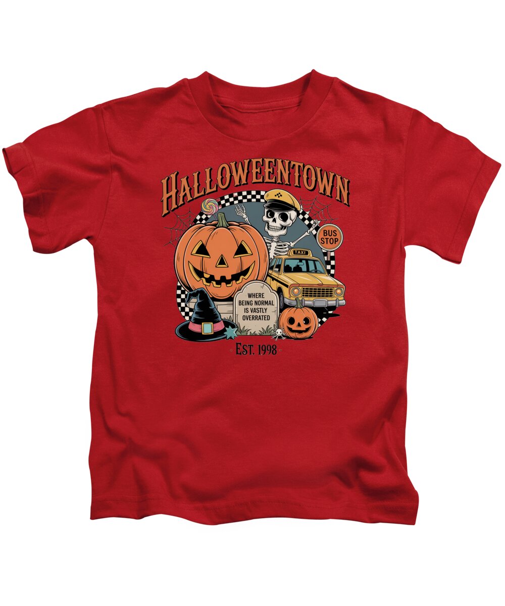 Kids graphic T-shirt, red, Halloween Town pumpkin and taxi stop print