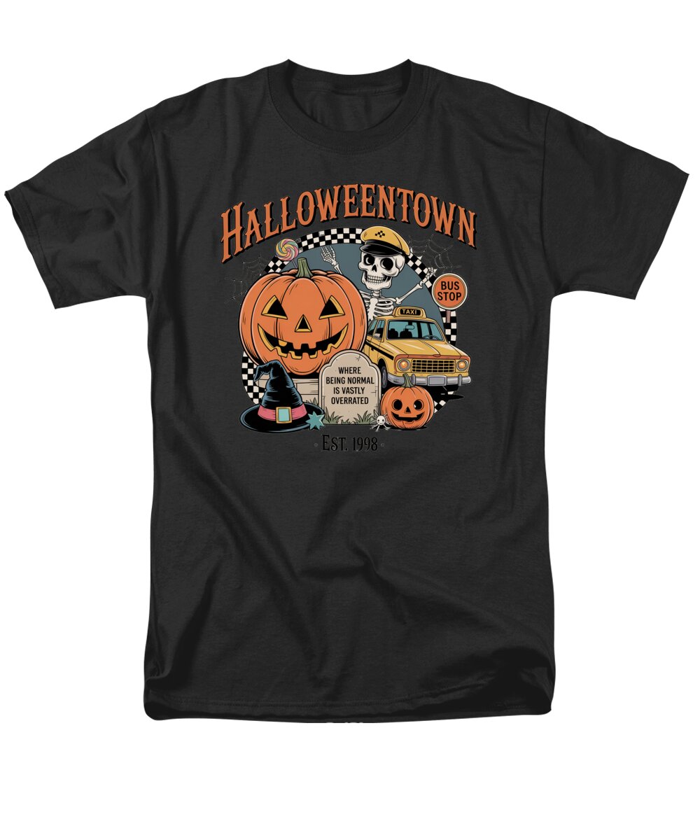 Men's dark charcoal T-shirt with Halloween Town graphic of pumpkin, bus, and ghost