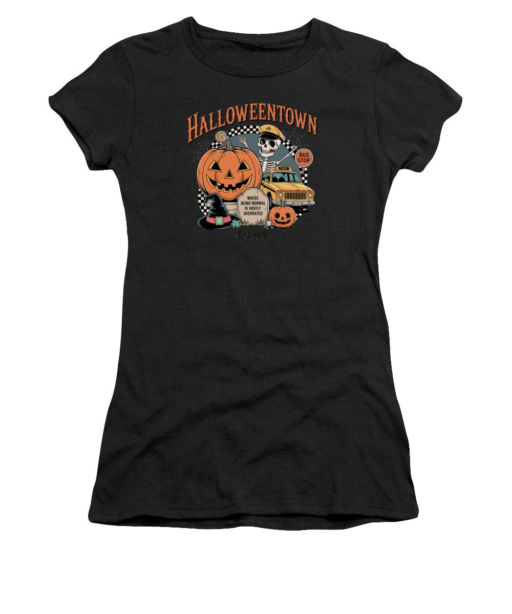 Women’s black t-shirt with Halloween Town graphic and pumpkin taxi stop logo
