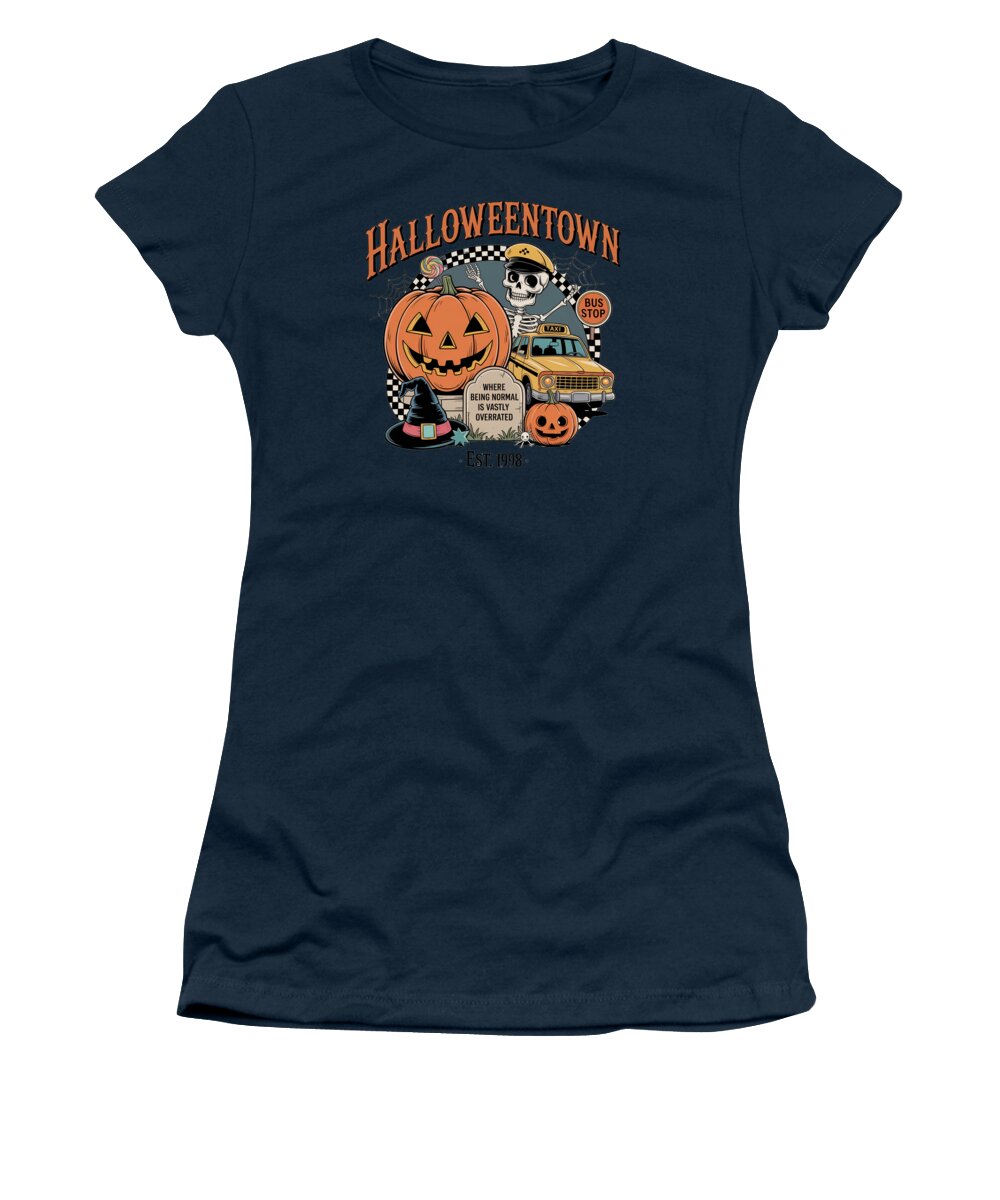 Women’s dark blue t-shirt with Halloween Town graphic and pumpkin taxi stop logo