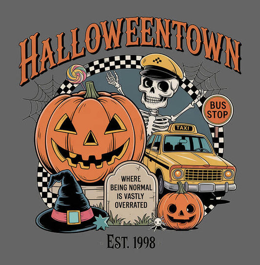 Halloween Town taxi stop art print: jack-o-lantern, skull in taxi, bus stop sign, EST.1998