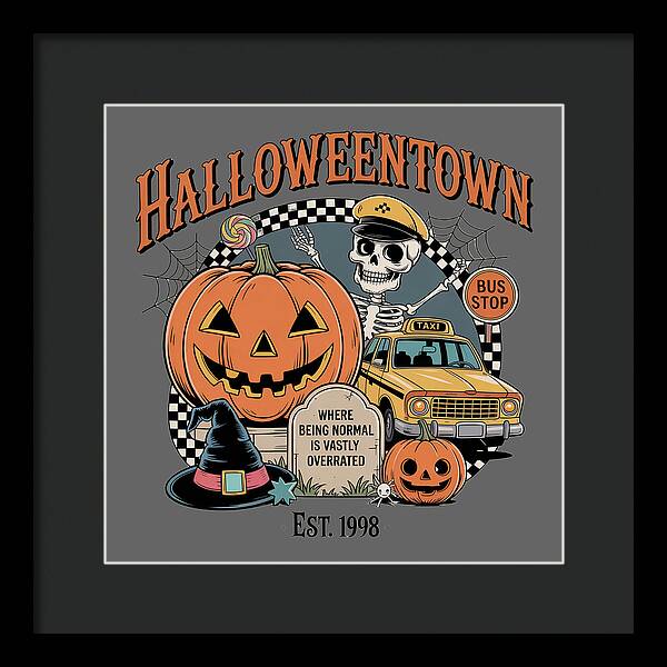 Framed HalloweenTown print with jack-o-lantern, skeleton, and checkered taxi and ghost