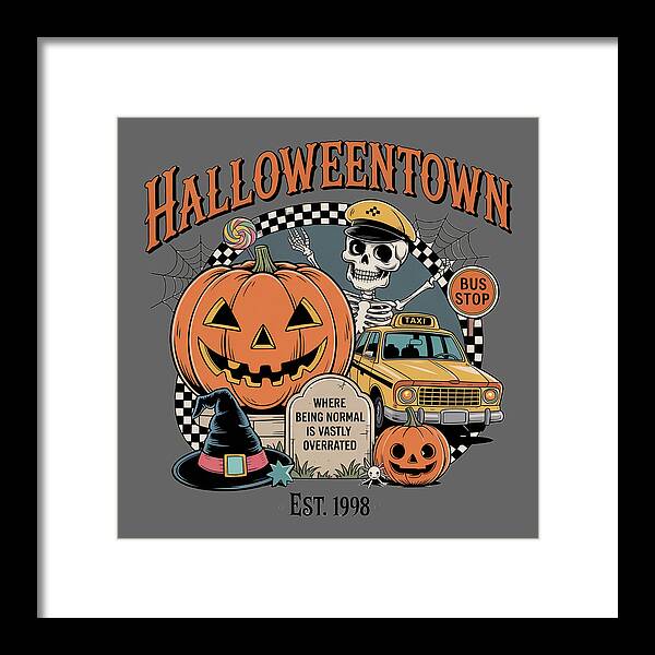 Framed HalloweenTown print with jack-o-lantern, skeleton, and bus stop and taxi icons