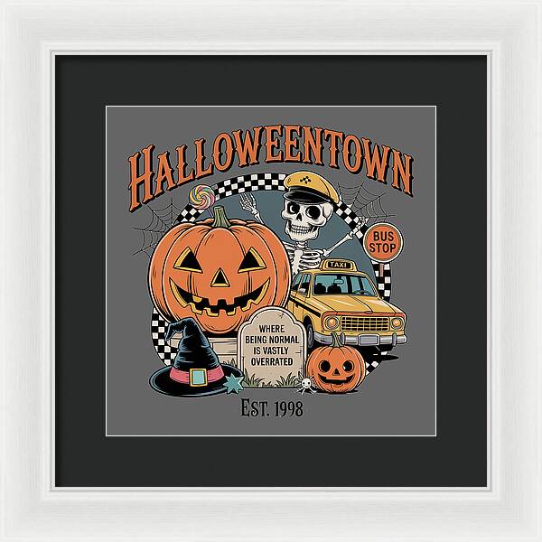 Framed HalloweenTown print with jack-o-lantern, skeleton, taxi, and bus stop graphic