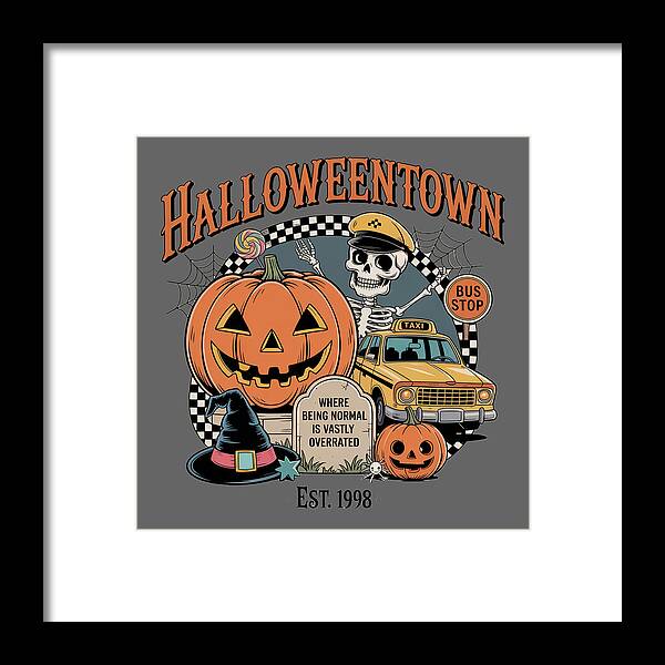 Framed Halloween print with HalloweenTown title, jack-o-lantern, skeleton driver, taxi, bus stop.