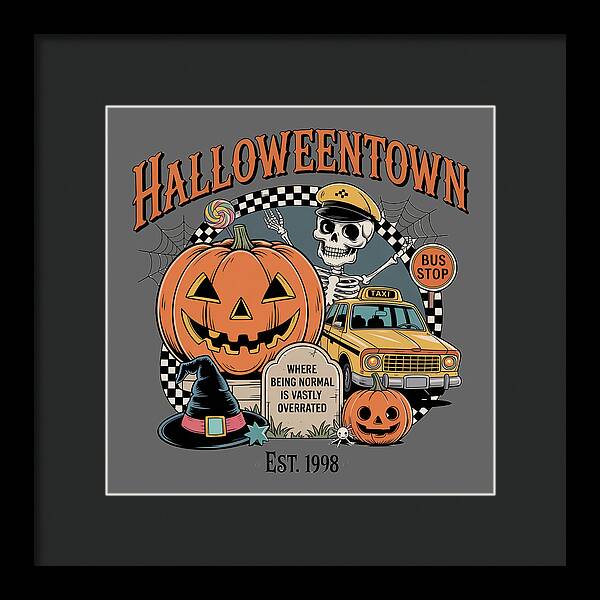 Framed HalloweenTown print with jack-o-lantern, skeleton, and checkered taxi and bus