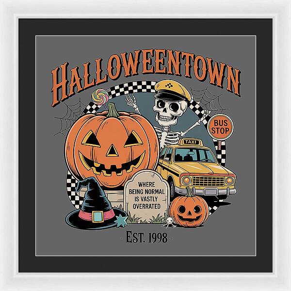 Framed Halloween print with HalloweenTown text, skeleton driver, jack-o-lantern, taxi and bus stop.