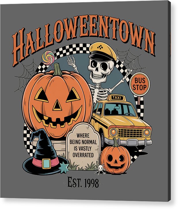 Halloween town taxi stop acrylic print with skull, orange pumpkin, and taxi truck