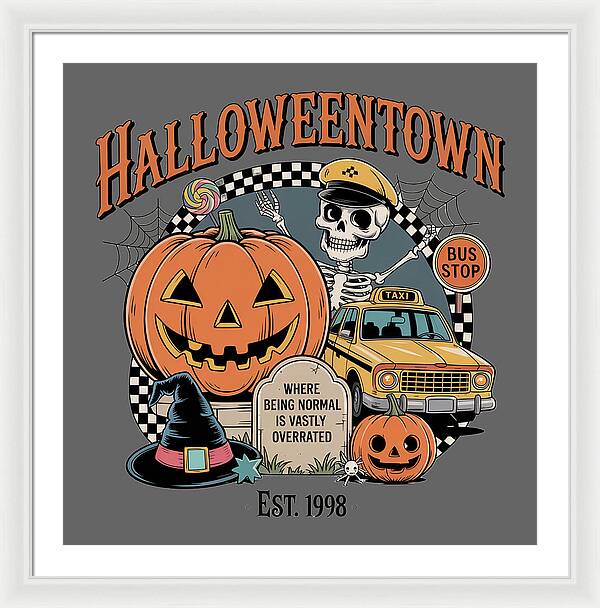 Framed Halloween print with HalloweenTown lettering, jack-o-lantern, skeleton, and taxi by bus stop.