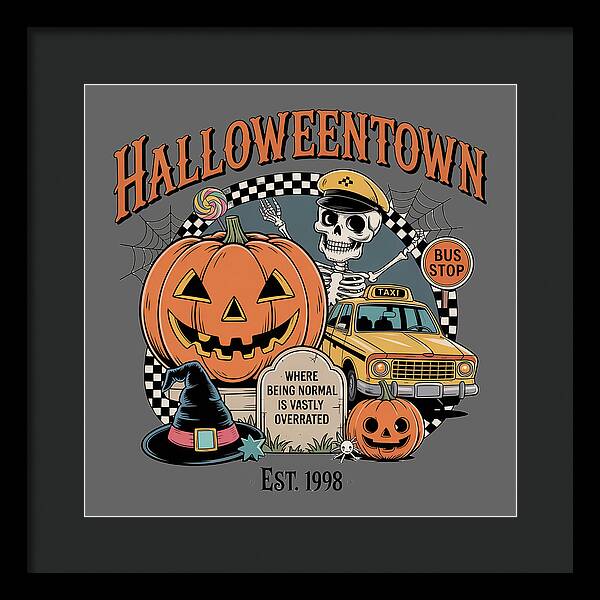 Framed print of taxi stop illustration with jack-o-lantern, skeleton, yellow car, dark frame