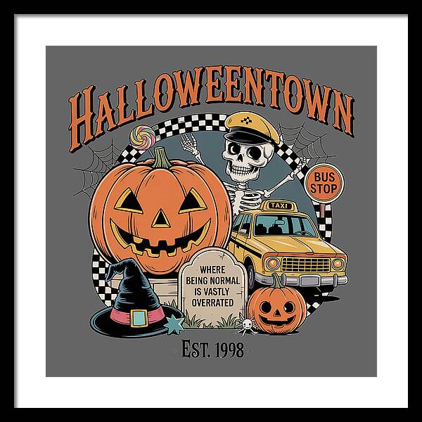 Framed print: jack-o-lantern and skeleton with taxi and bus stop sign, white frame, black mat