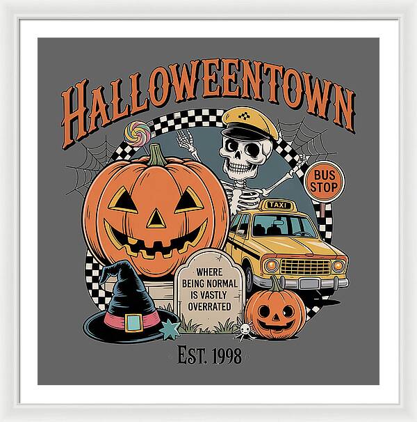 Framed Halloween print with HalloweenTown text, jack-o-lantern, skeleton figure, and taxi sign.