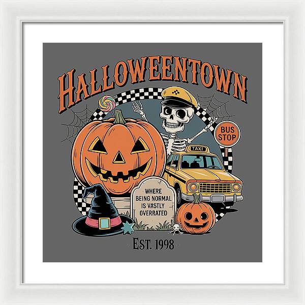 Framed print with Halloween Town taxi stop graphic, jack-o-lantern, skeleton, yellow car, white frame