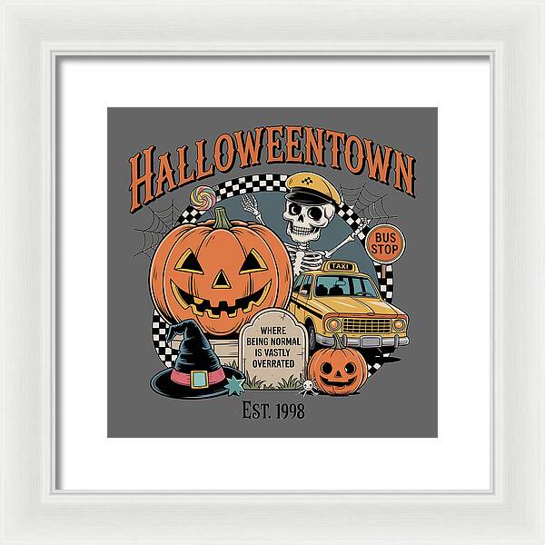 Framed HalloweenTown print with large jack-o-lantern, skeleton, and bus stop sign