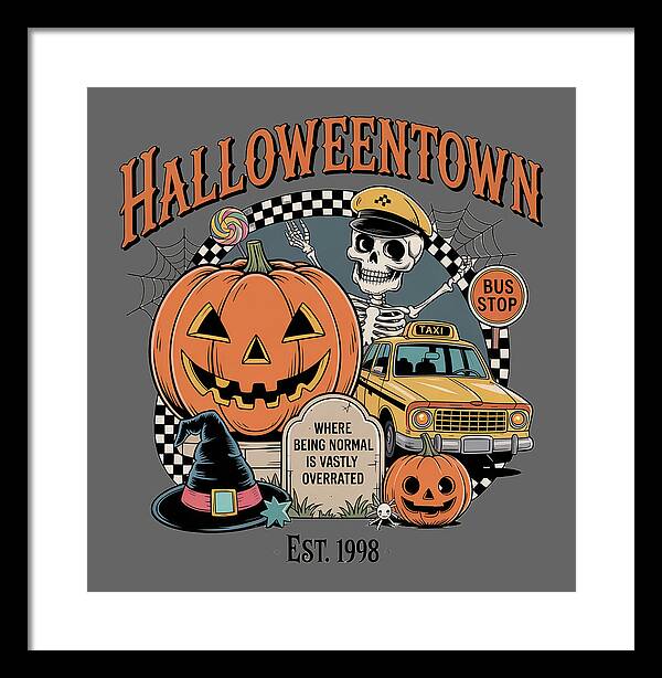 Framed print: taxi stop illustration with jack-o-lantern, skeleton, yellow car, black frame, white mat