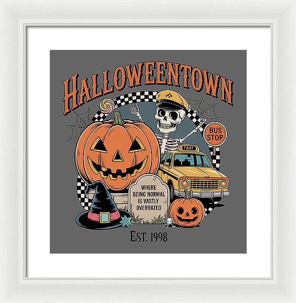 Framed print with jack-o-lantern, skeleton figure, taxi and bus stop sign, white frame