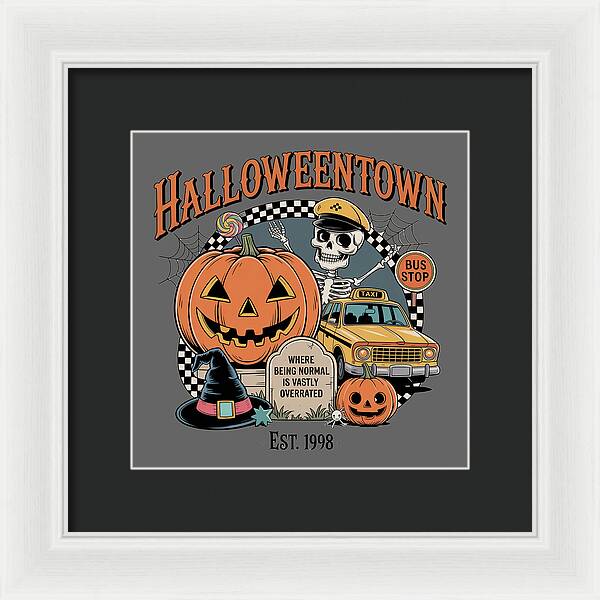 Framed HalloweenTown print with jack-o-lantern, skeleton, and “BUS STOP” sign