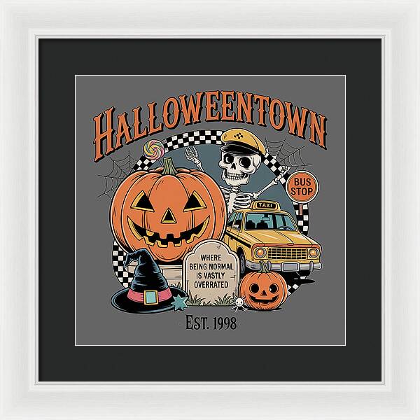 Framed print: taxi stop illustration with jack-o-lantern, skeleton, yellow car, white frame, black mat