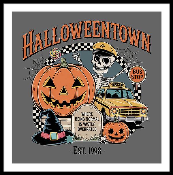 Framed Halloween print with HalloweenTown title, pumpkin jack-o-lantern, skeleton, taxi, bus stop.