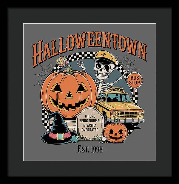 Framed print of taxi stop illustration with jack-o-lantern, skeleton, yellow car, dark frame