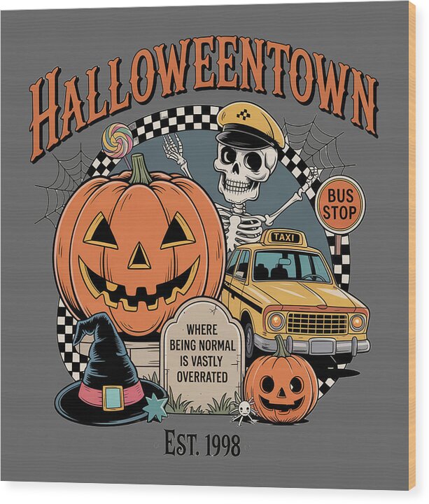 Halloween wood print with jack-o-lantern, taxi, skull, and bus stop sign