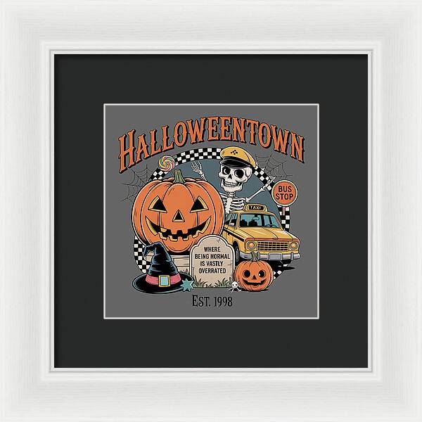 Framed HalloweenTown print with jack-o-lantern, skeleton, and taxi bus stop graphic