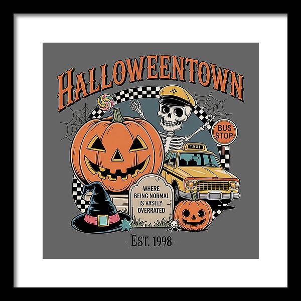 Framed HalloweenTown print with jack-o-lantern, skeleton, and taxi bus stop artwork
