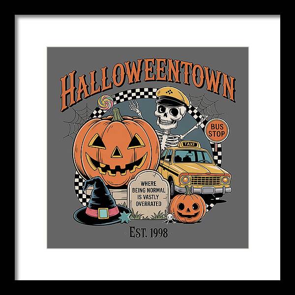 Framed HalloweenTown print with jack-o-lantern, skeleton, and yellow taxi bus front