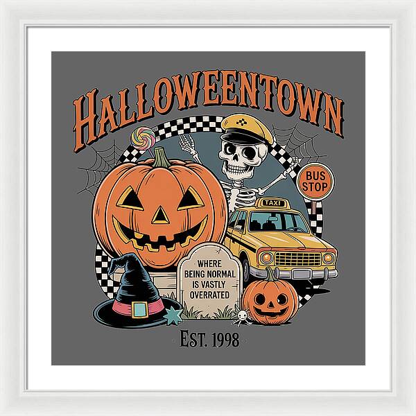 Framed Halloween print with HalloweenTown title, large jack-o-lantern, taxi, bus stop sign.