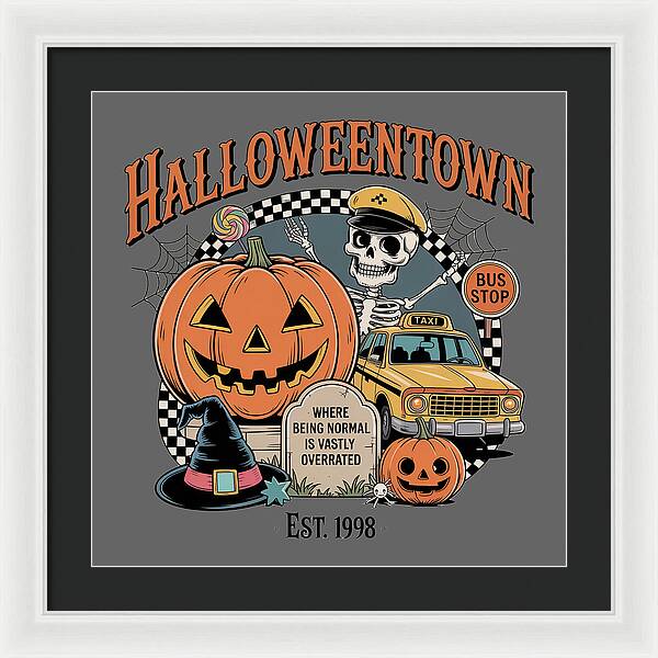 Framed wall art featuring Halloween Town title, jack-o’-lantern, skull, taxi and bus stop signs
