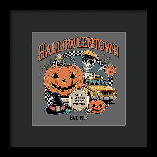 Framed Halloween print with HalloweenTown lettering, jack-o-lantern, skeleton, taxi, and bus stop.