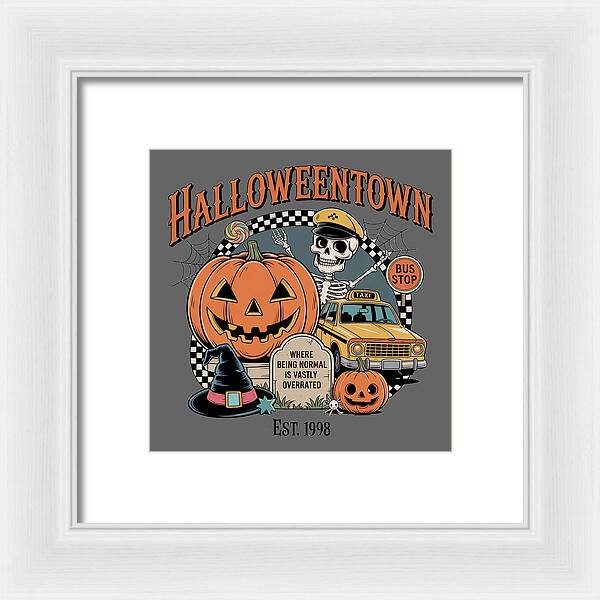 Framed Halloween print with HalloweenTown title, jack-o-lantern, skeleton, taxi, and bus stop.